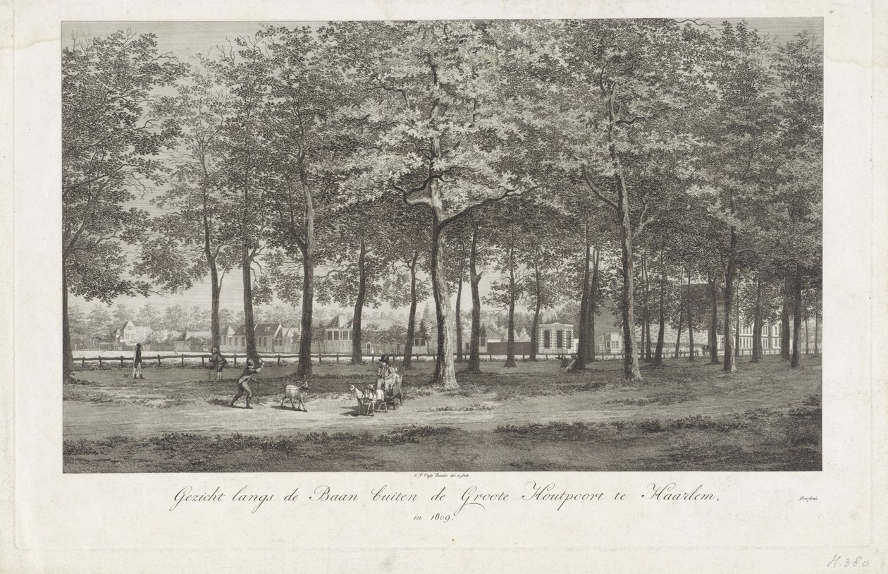 Udsigt over Baan i Haarlem Baan uden for Groot Houtpoort i Haarlem i 1809 (titel på objekt) af Joannes Pieter Visser Bender