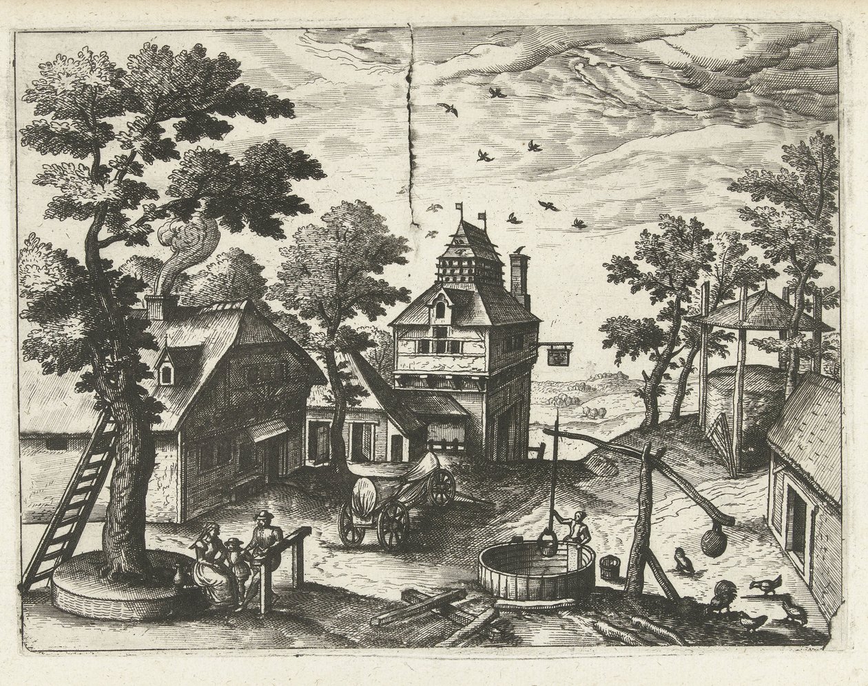 Kro med brønd Landskaber, havlandskaber og fantasifulde bylandskaber (serietitel) af Joannes van Doetechum (I) (attributed to)