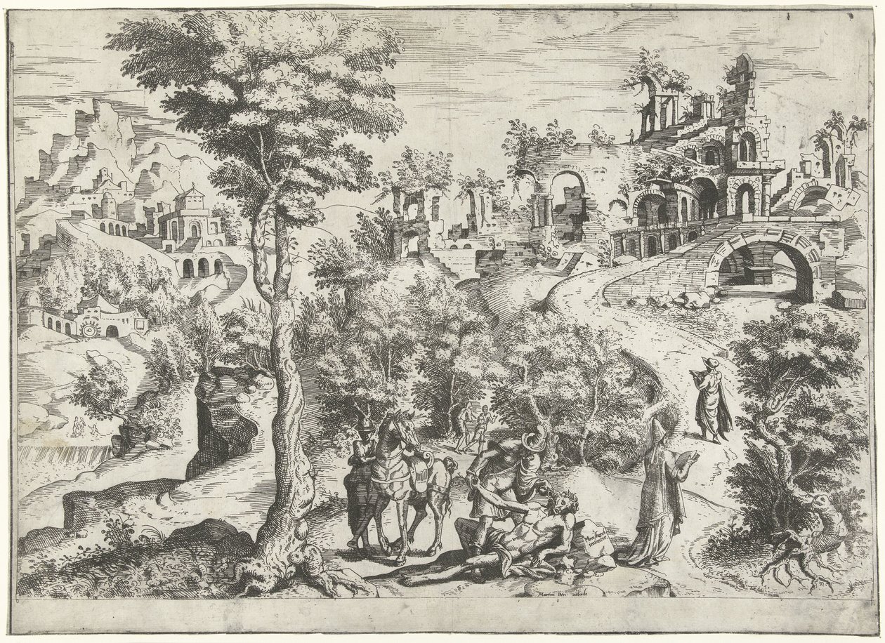 Landskab med den barmhjertige samaritaner af Joannes van Doetechum (I) (attributed to)