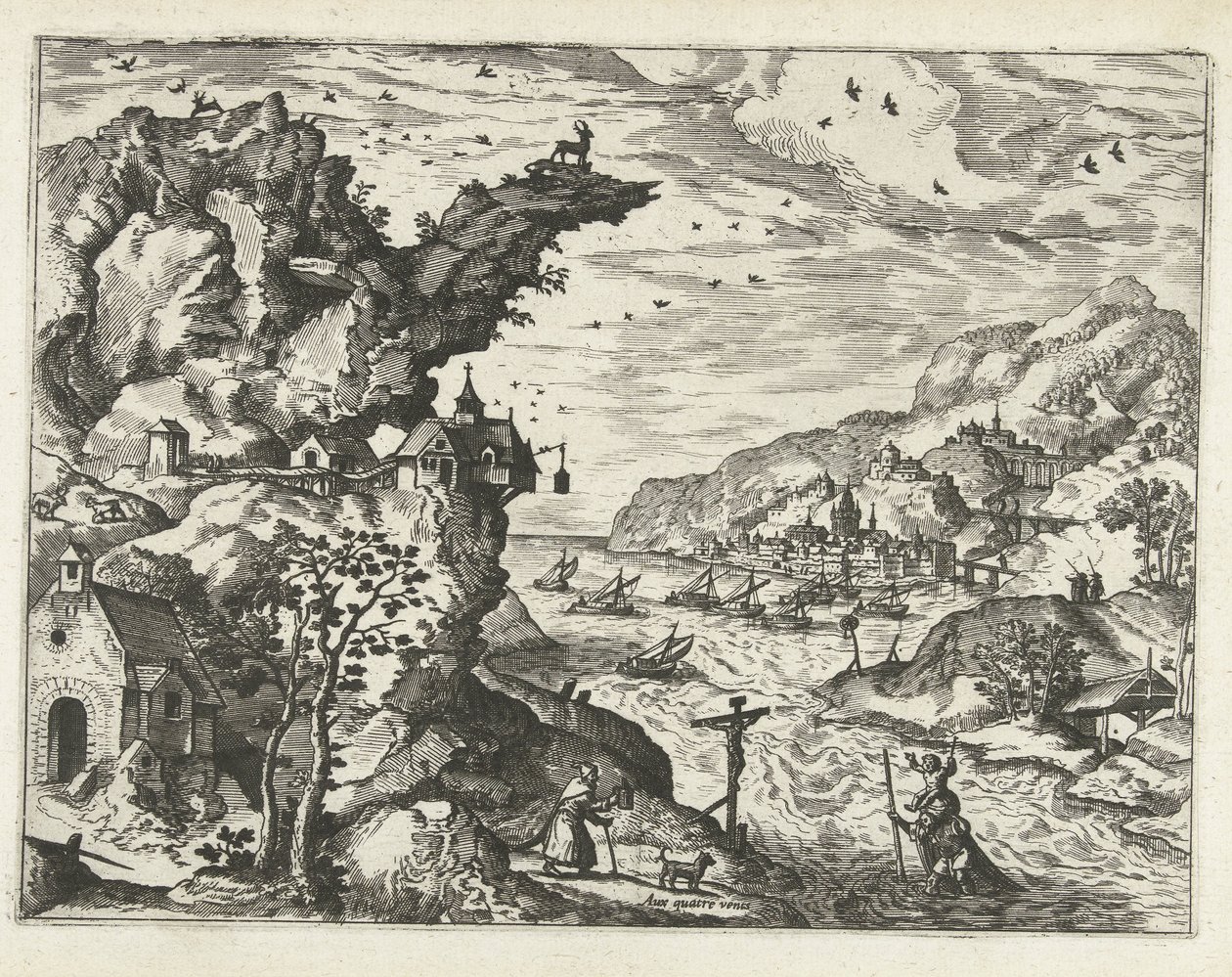 Landskab med Sankt Christopher Landskaber, havlandskaber og fantasifulde bylandskaber (serietitel) af Joannes van Doetechum (I) (attributed to)