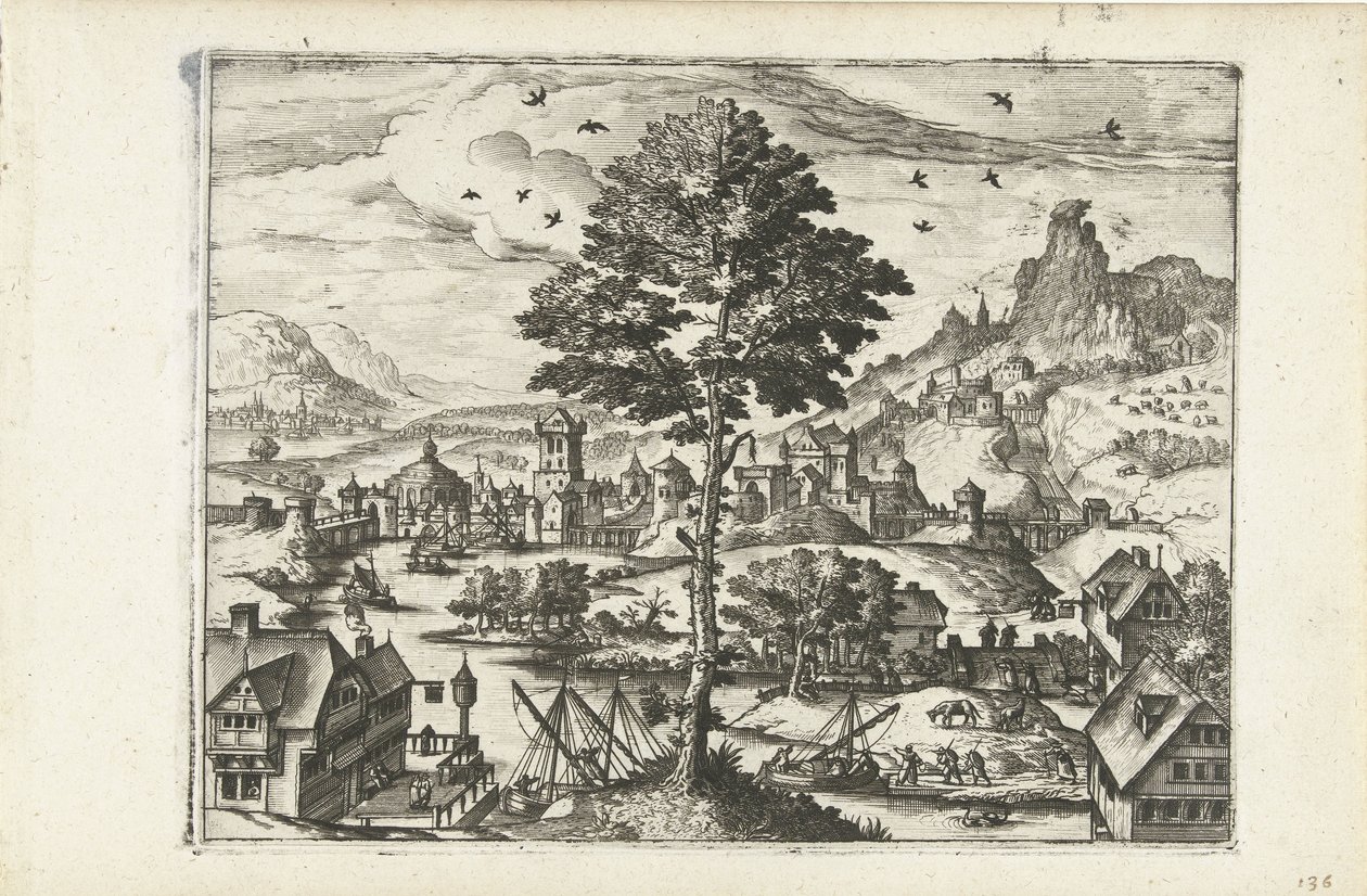 Landskab med byen på floden Landskaber, seascapes og fantasifulde bybilleder (serietitel) af Joannes van Doetechum (I) (attributed to)