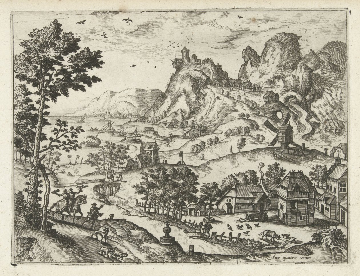 Landskab med falkejagt Landskaber, havlandskaber og fantasifulde bylandskaber (serietitel) af Joannes van Doetechum (I) (attributed to)