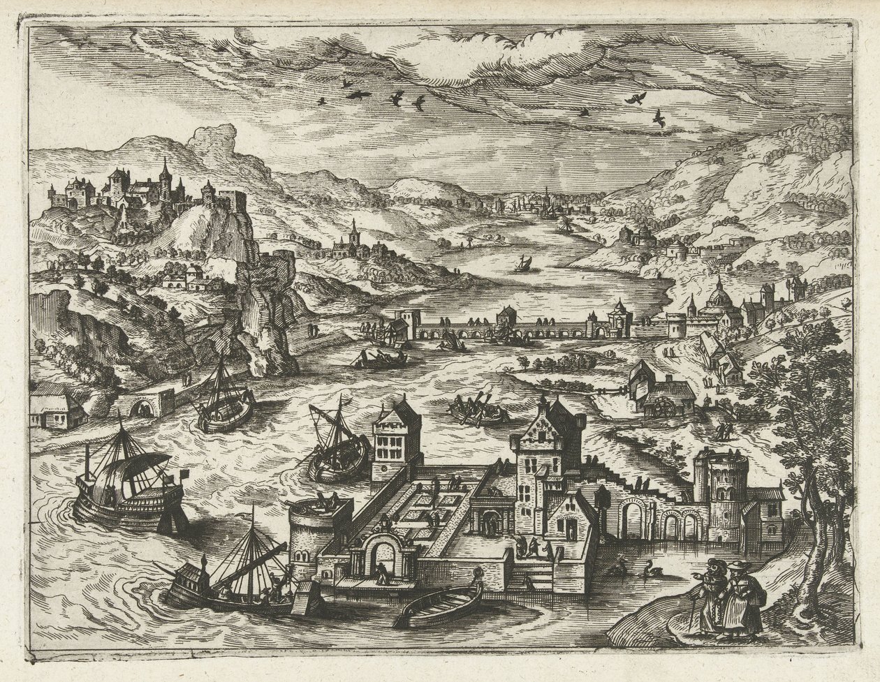 Flodlandskab med voldgrav Landskaber, havlandskaber og fantasifulde bylandskaber (serietitel) af Joannes van Doetechum (I) (attributed to)