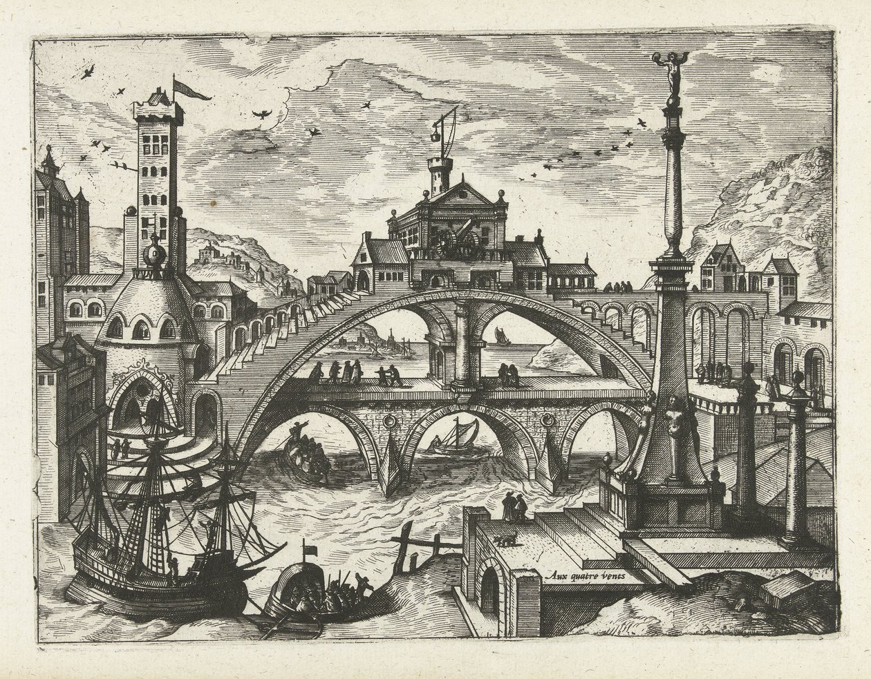 By med bygget bro Landskaber, havlandskaber og fantasifulde bylandskaber (serietitel) af Joannes van Doetechum (I) (attributed to)