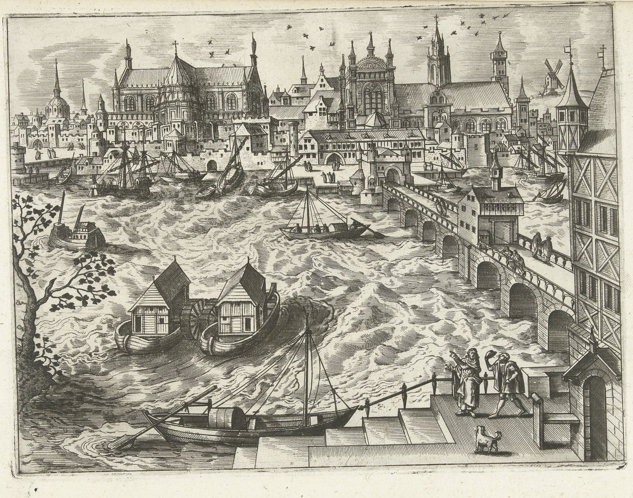 Bybillede med bro og havn Landskaber, havlandskaber og fantasifulde bylandskaber (serietitel) af Joannes van Doetechum (I) (attributed to)