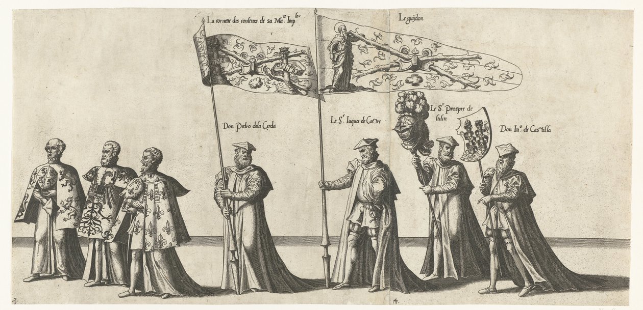 Deel van de optocht, nr. 3 i 4 Begrafenisoptocht van keizer Karel V, 1558 (serietitel) Den storslåede og overdådige begravelsespumpe, opført ved begravelsen og begravelsen af ​​den meget store og meget sejrrige kejser Charles Fifth, fejret i byen Bru af Joannes van Doetechum (I)