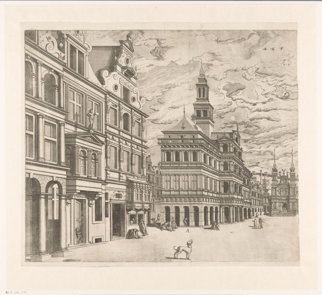 Udsigt over en plads med monumentale bygninger af Joannes van Doetechum (I)