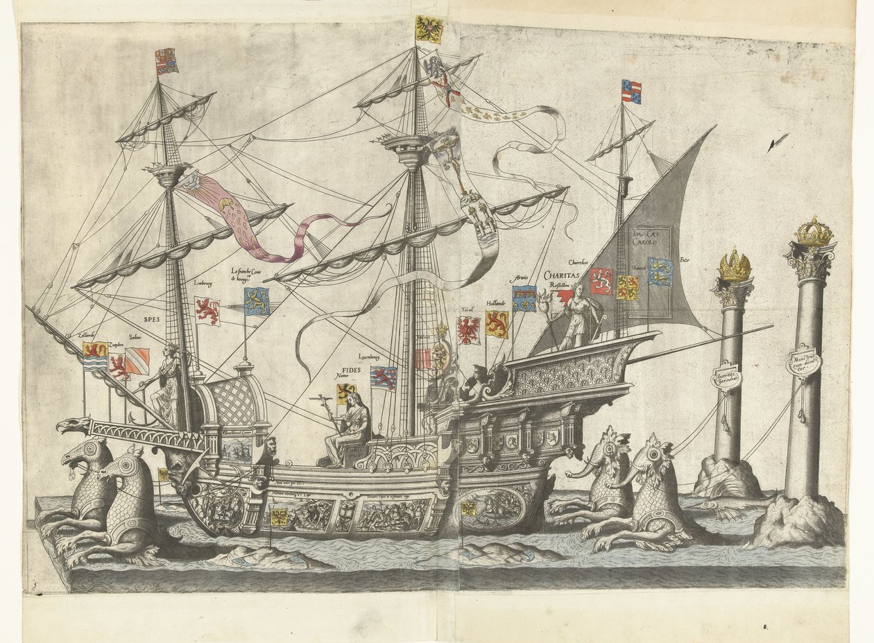 Het schip Victoria, nr. 5 Begrafenisoptocht van keizer Karel V, 1558 (serietitel) Den storslåede og overdådige Funeral Pump, opført ved Obseques & Funerals af den meget store og meget sejrrige kejser Charles Fifth, fejret i byen Bruxelles af Joannes van Doetechum (I)