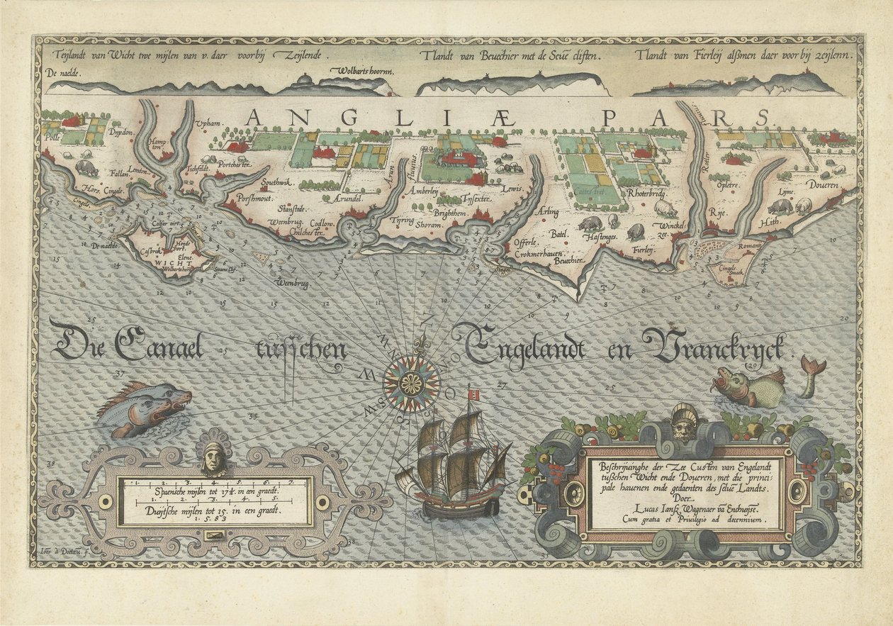 Kort over den sydengelske kyst mellem Isle of Wight og Dover Beskrivelsehe der Zee Custen van Englandt between Wicht ende Doueren (titel på objekt) af Joannes van Doetechum (I)