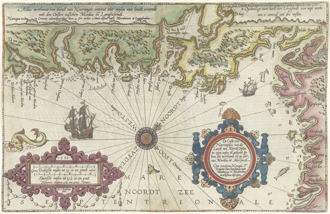 Kort over Norges og Sveriges kyst mellem Merdøy og Uddevalla Custe van Noorweghen, med det lander fra nord til øst i dets vest og formen (...) (titel på objektet) af Joannes van Doetechum (I)