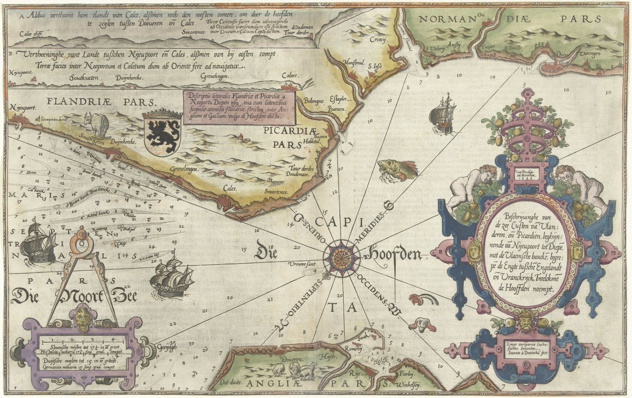 Kort over Flandern, Normandiet og Englands kyster Beskrivelse af havet Custen van Vlanderen ende Picardien (...) (titel på objekt) af Joannes van Doetechum (I)