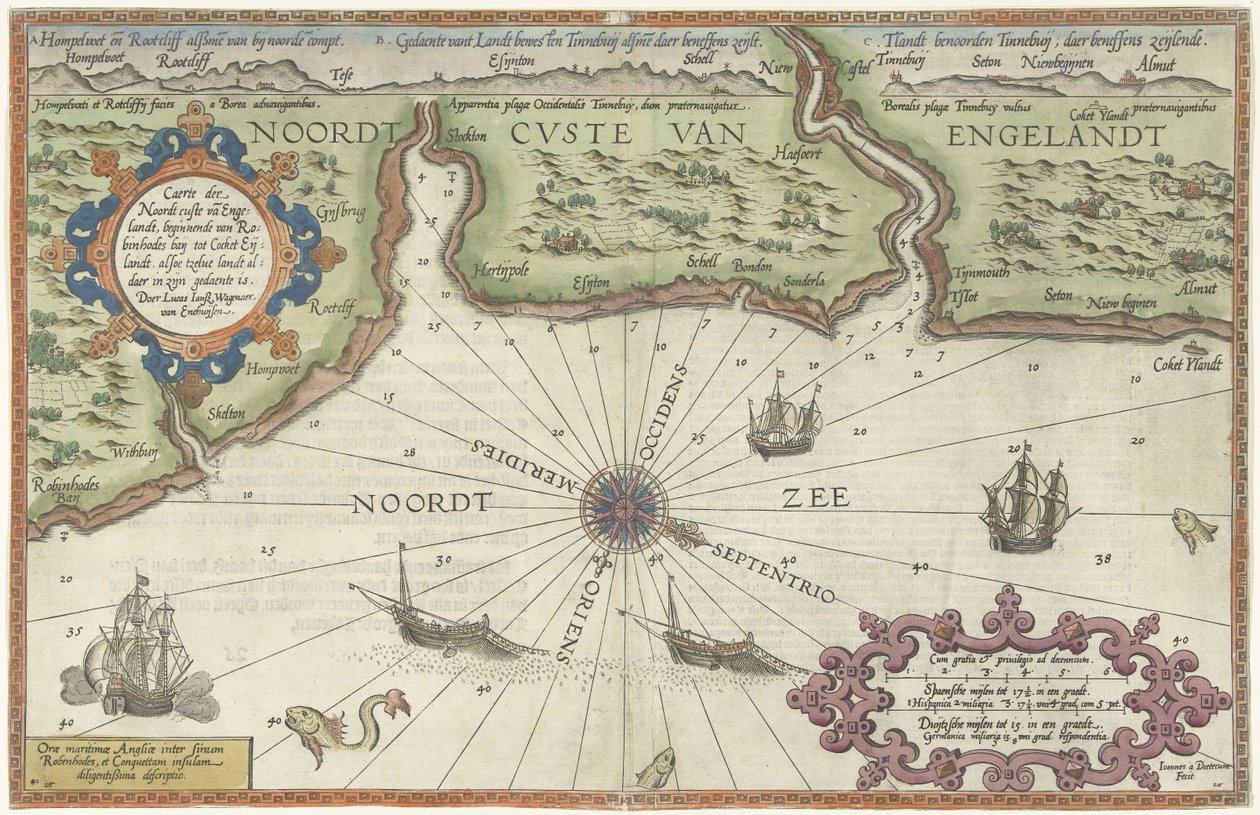 Kort over Englands nordkyst ved Newcastle upon Tyne Caerte der Noordt custe van Englandt, startende fra Robinhodes baij til Cocket Eijlandt (...) (titel på objektet) af Joannes van Doetechum (I)
