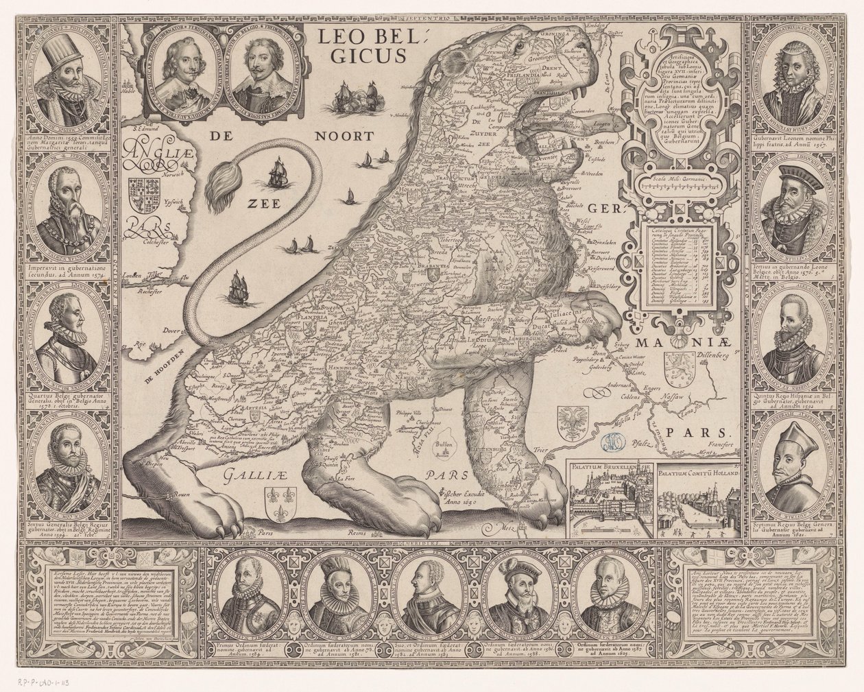 Kort over de sytten provinser i form af den hollandske løve Leo Belgicus (titel på objekt) af Joannes van Doetechum (II)