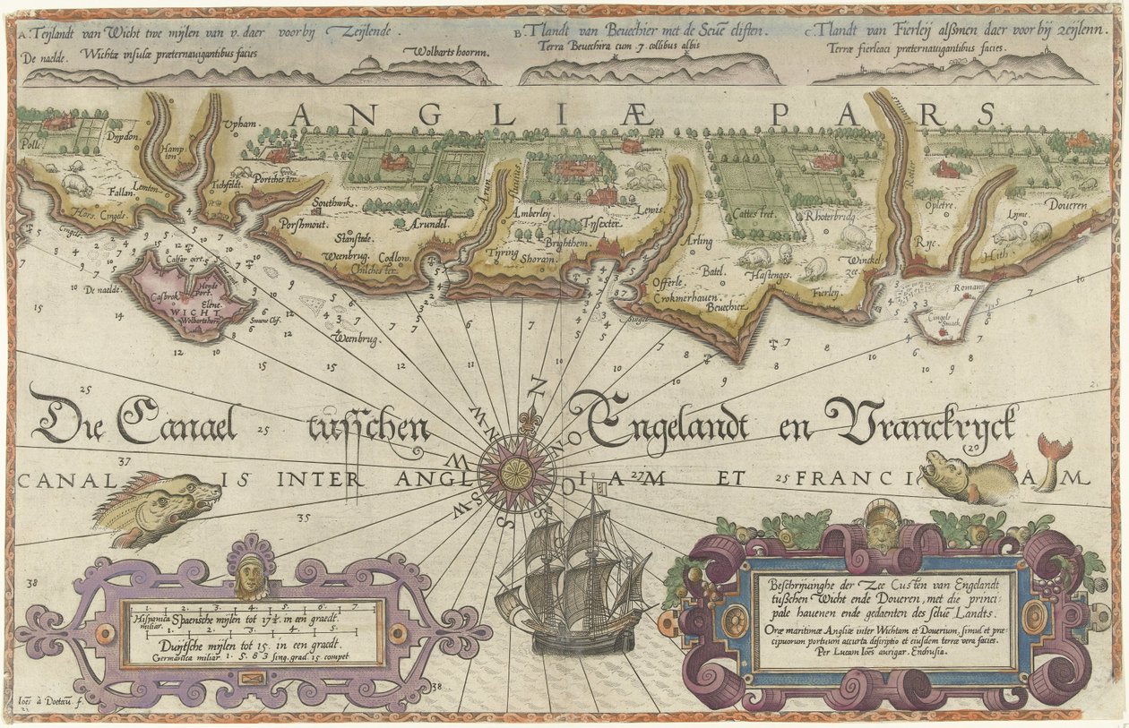 Kartta Englannin rannikosta Isle of Wightin ja Doverin välillä af Joannes van Doetecum