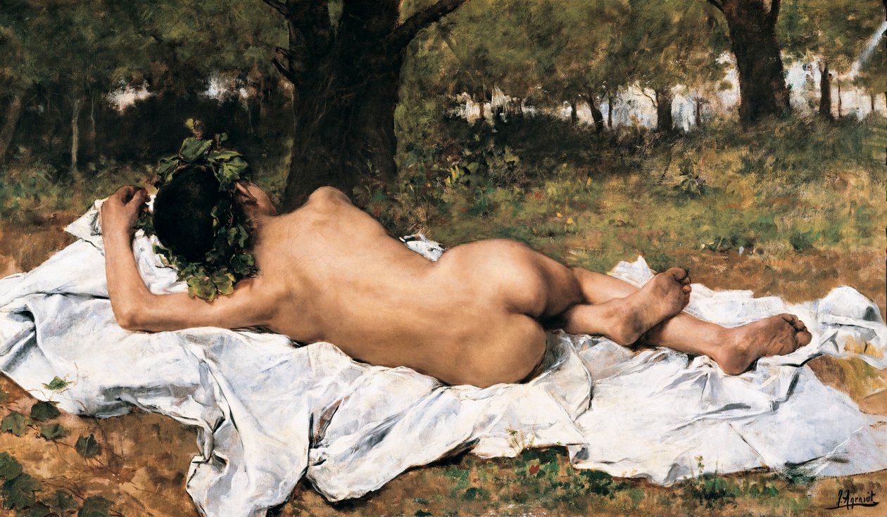 "" Ung Bacchus "" Bacchus fra ryggen forlænges på et lagen i græsset. Maleri af Joaquin Agrasot y Juan (1836-1919) Omkring 1872 Valencia. Museum of Bellas Artes San Pio V. af Joaquin Agrasot y Juan
