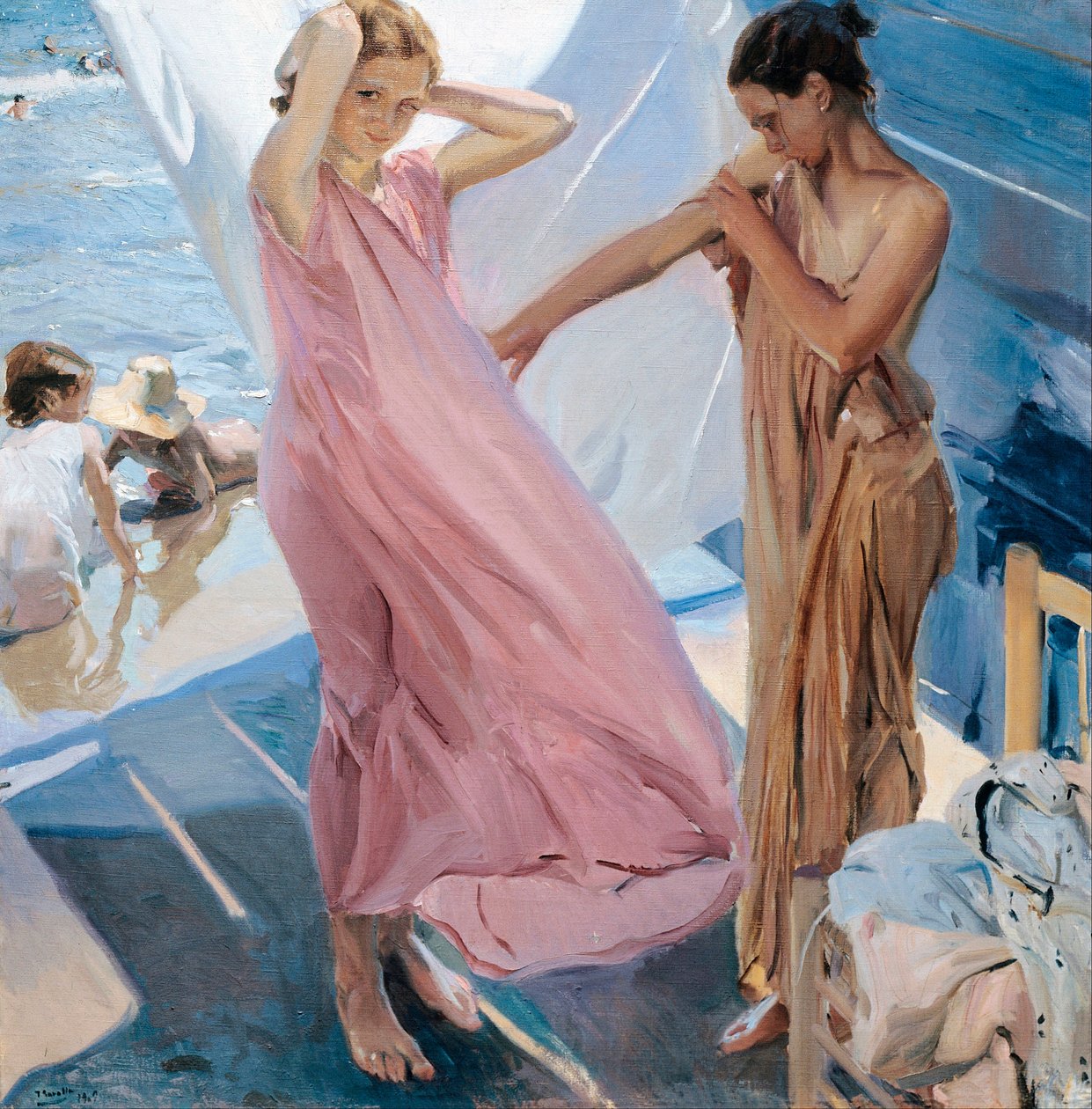 ""Apres le bain"" (Efter badet) to unge piger skifter efter bad i havet Maleri af Joaquin Sorolla y Bastida (1863-1923) - 1909 - Olie på lærred - Museo Sorolla Madrid af Joaquin Sorolla y Bastida