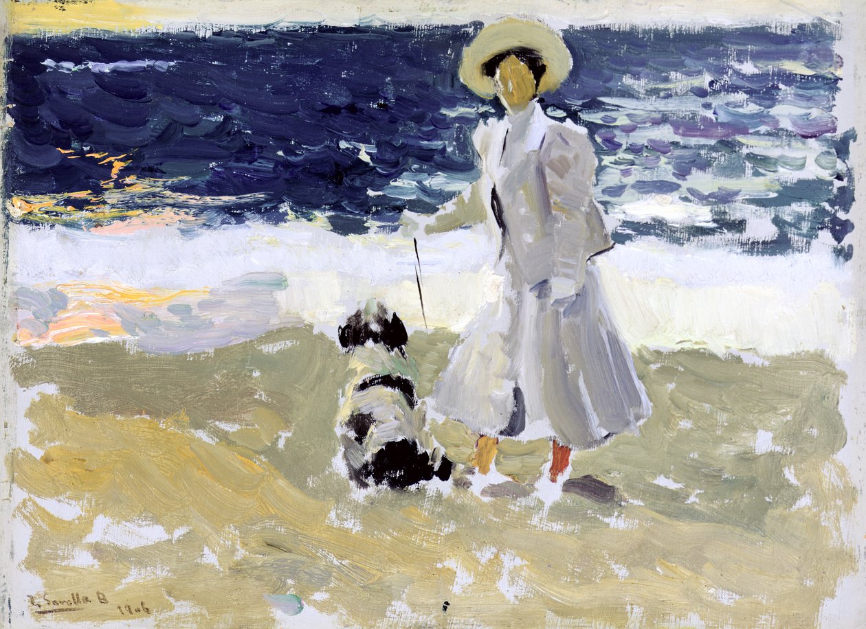 Dame og hund på stranden af Joaquín Sorolla