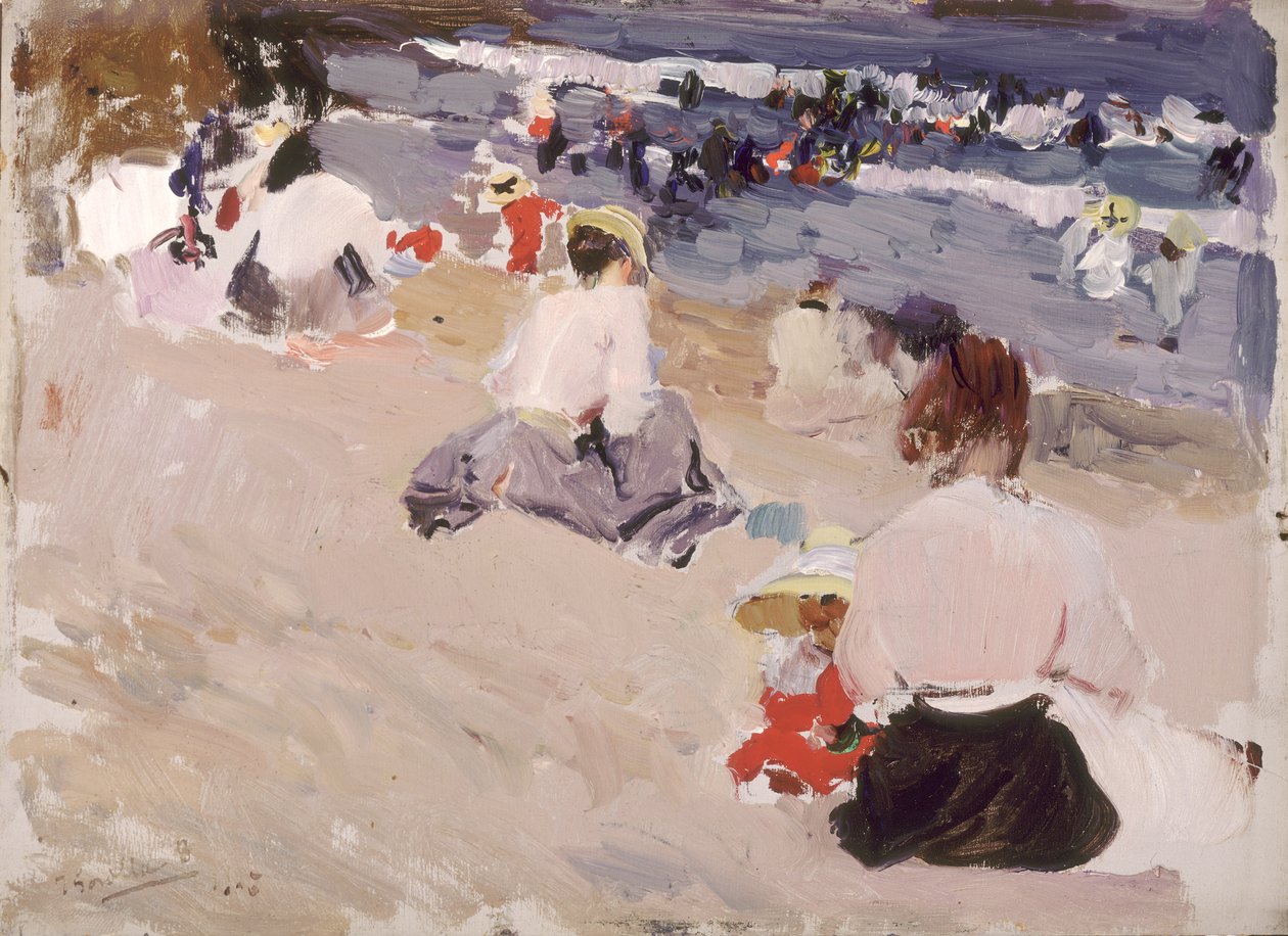 Folk, der sidder på stranden af Joaquín Sorolla