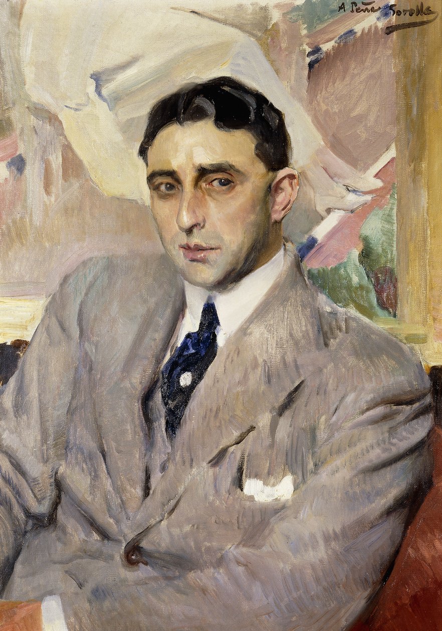 Portræt af skuespilleren Ramon Pena, halvlang, iført et gråt jakkesæt, af Joaquín Sorolla