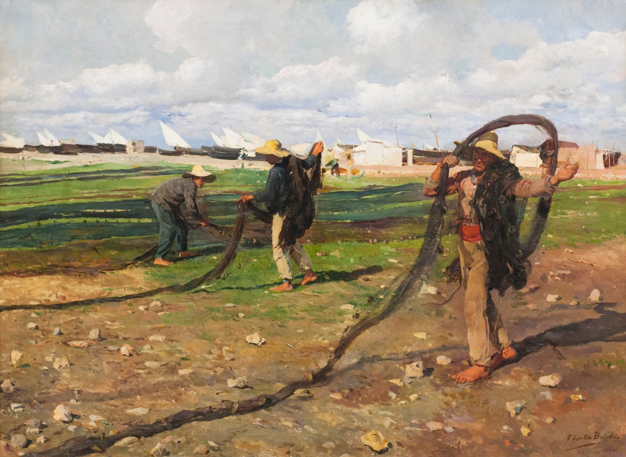 Trækker fiskenet af Joaquin Sorolla y Bastida