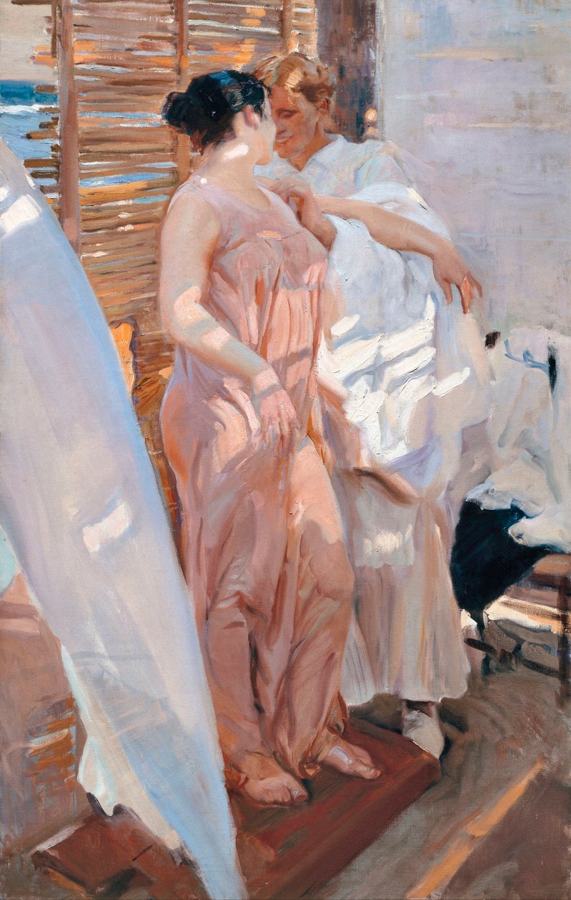 Den lyserøde kjortel, efter badet af Joaquin Sorolla y Bastida