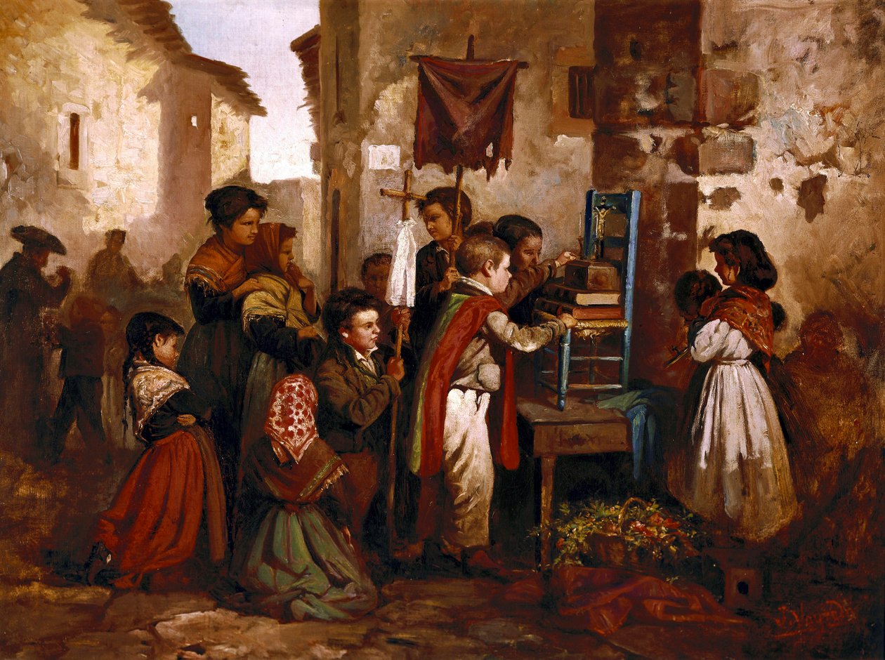 Børn leger i den religiøse procession, maleri af Joaquim Vayreda y Vila af Joaquin Vayreda