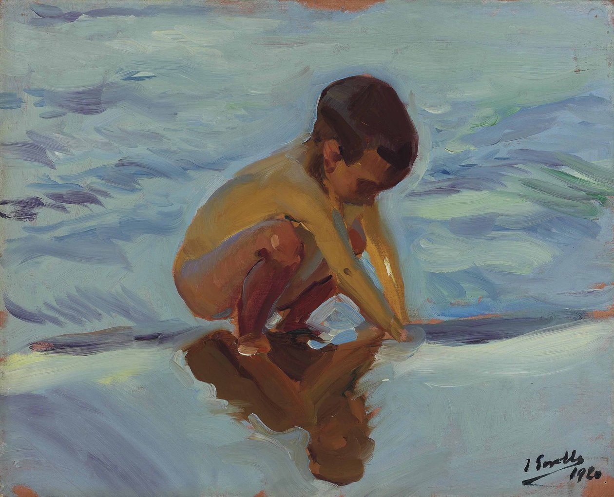 Baggrundslys på stranden, Boy hukede af Joaquín Sorolla