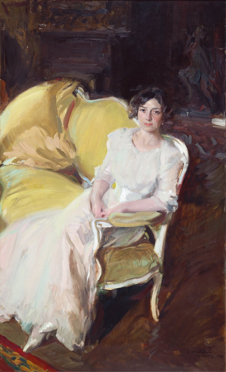 Clotilde sidder på en sofa, 1910. af Joaquín Sorolla