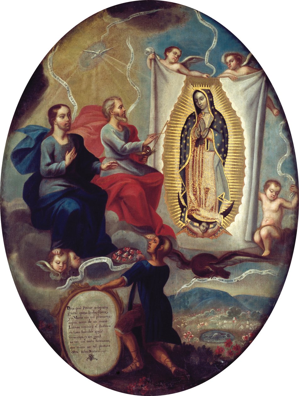 Den Evige Fader maler Jomfruen af Guadalupe af Joaquín Villegas