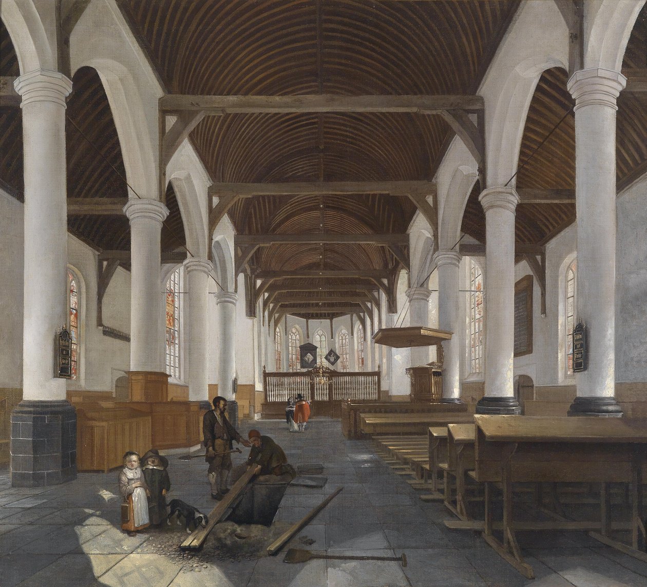 Det indre af en barok kirke (Oude Kerk i Amsterdam?) af Job Berckheyde