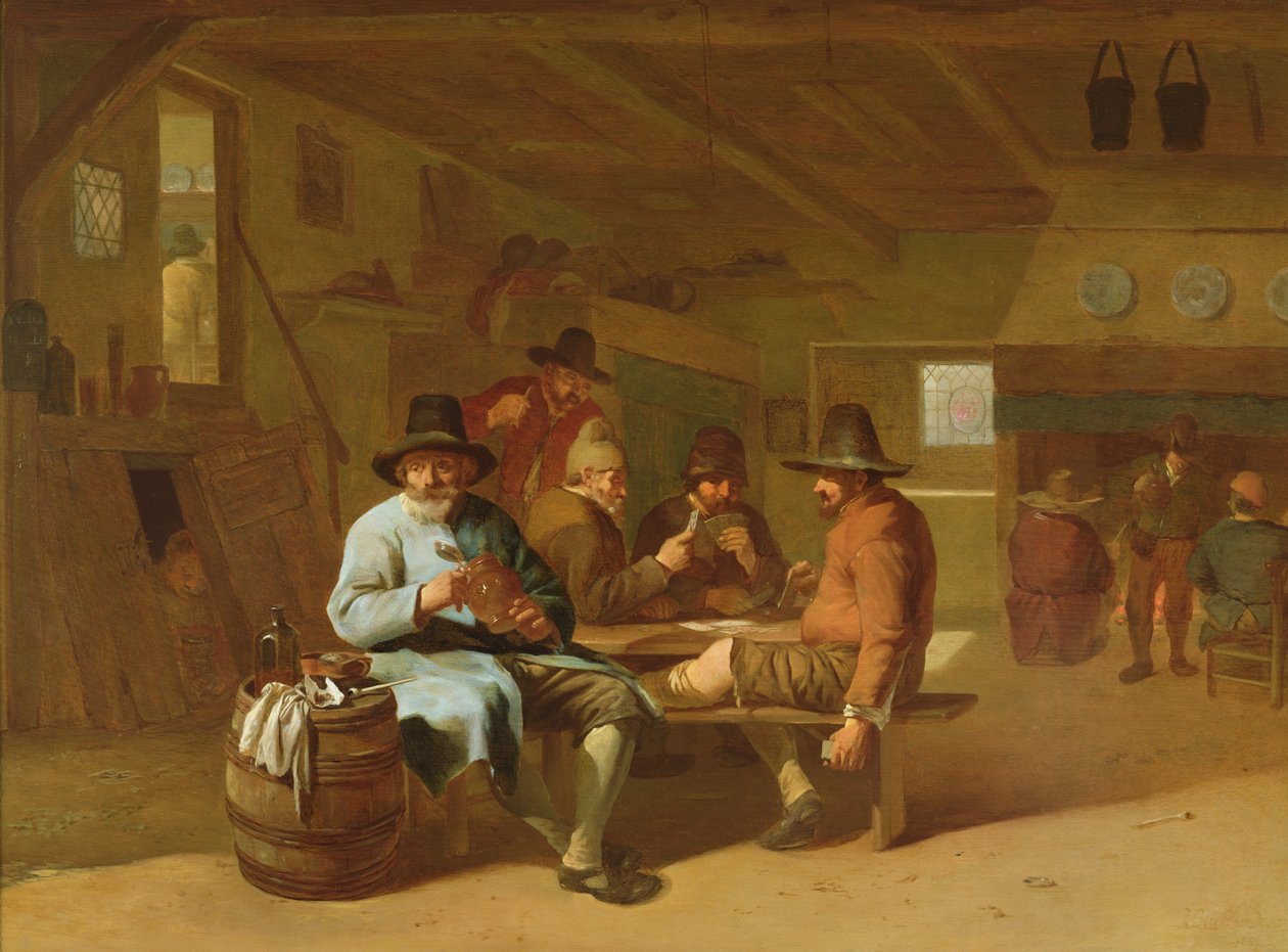 Et krointeriør med kortspillere, 1600-tallet af Job Berckheyde