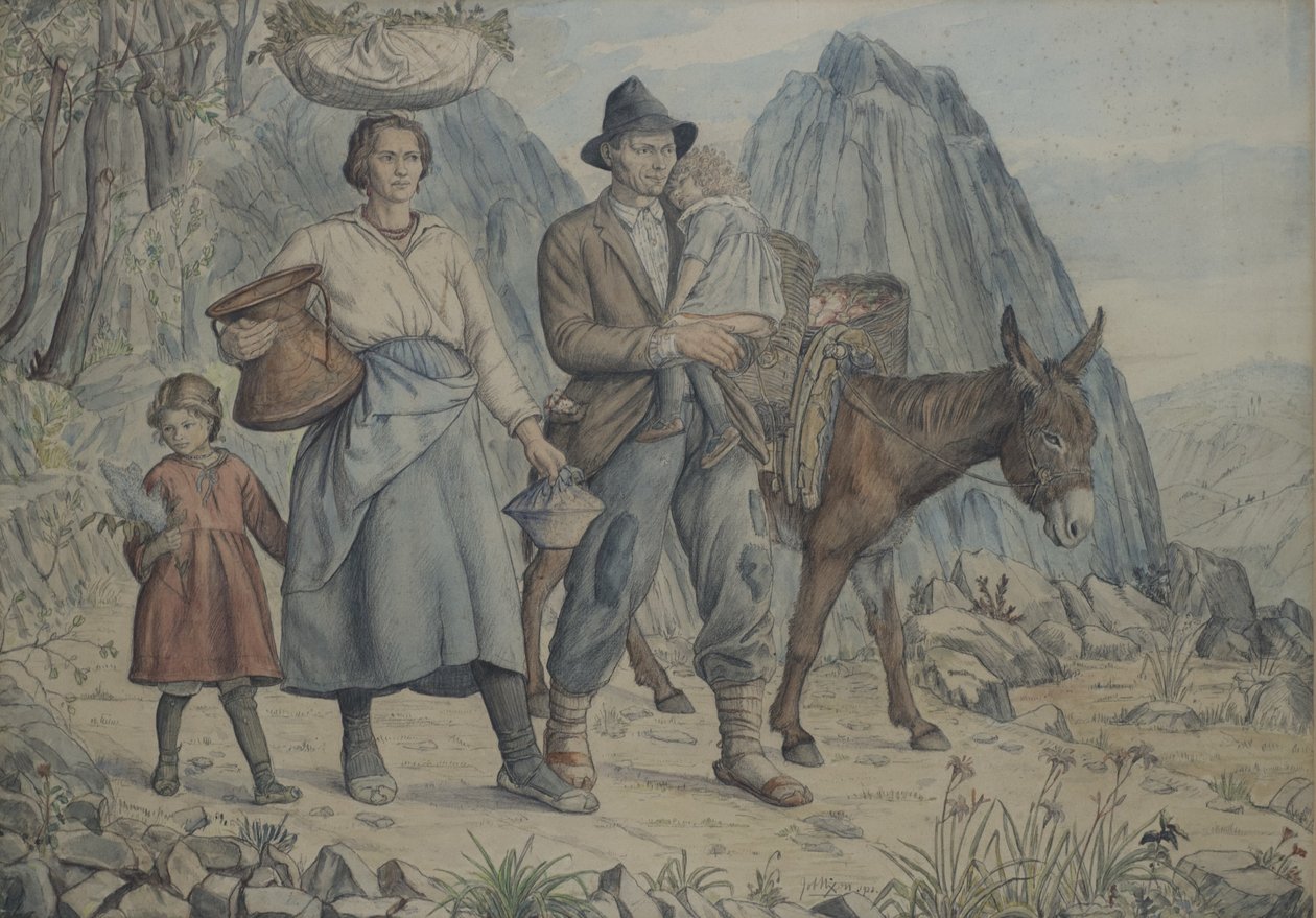 En familie fra Anticoli Corrardo, Going to Market, 1928 (wc med pen og blæk på papir) af Job Nixon