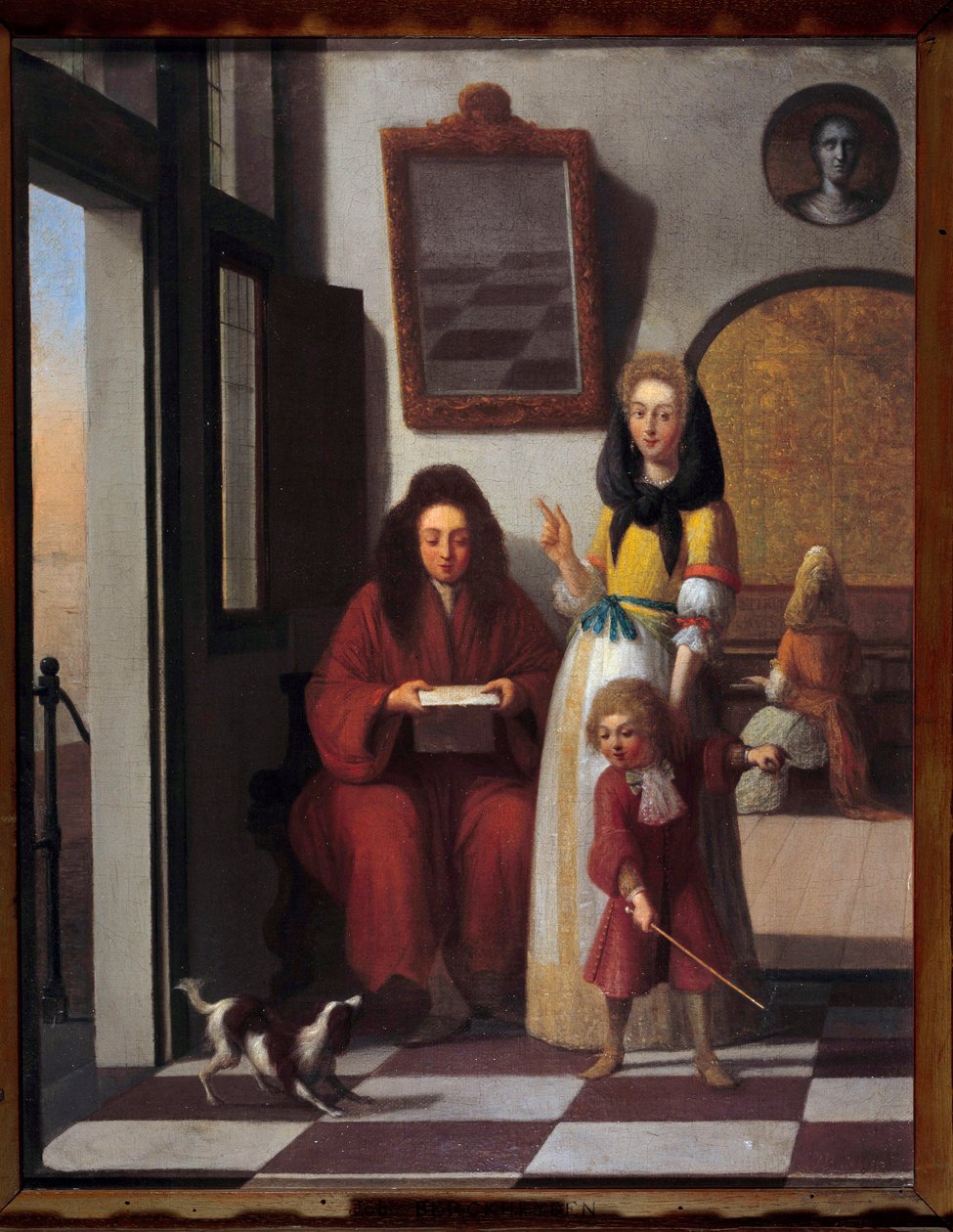 Genrescene En familie i et interiør. Moderen holder sin søn ved at lege med hunden. Maleri af Job Berckheyde (1630-1696) Avignon fra det 17. århundrede, Calvet Museum af Job Berckheyde