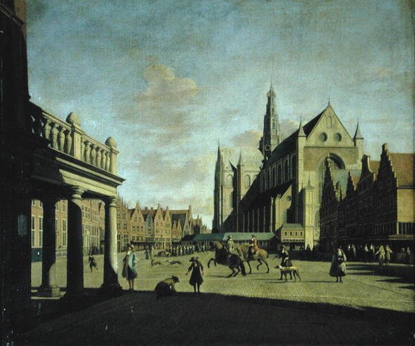 Haarlem Market Place (olie på panel) af Job Berckheyde
