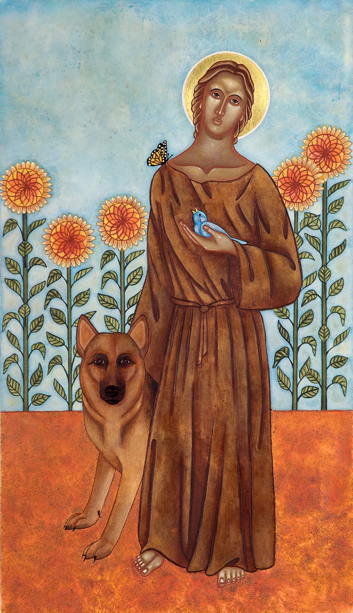 Saint Francis and the Wolf of Gubbio, 2009 (æggetempera og 24k guld på træ) af Jodi Simmons