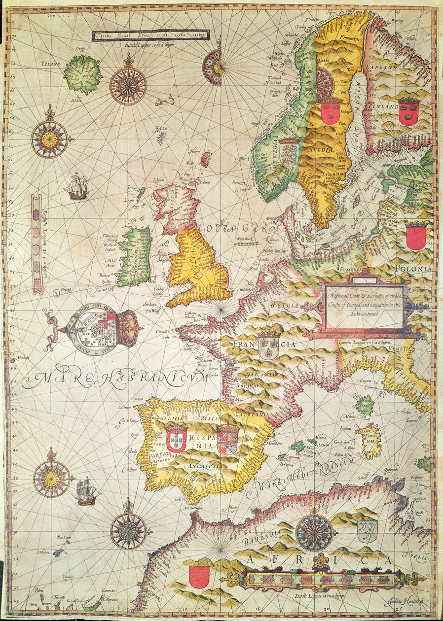 En generel pleje og beskrivelse af Europas kyster og navigation i denne bog indeholdt (håndfarvet gravering) af Jodocus Hondius