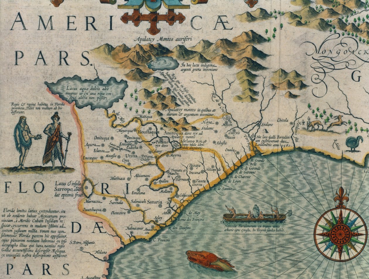 Coast of North Carolina, detalje af kortet med titlen Virginiae item et Floridae fra Mercator Atlas... af 1606, pub. af Jodocus Hondius, 1619 håndfarvet gravering se også 66818, 81957 & 81958 af Jodocus Hondius