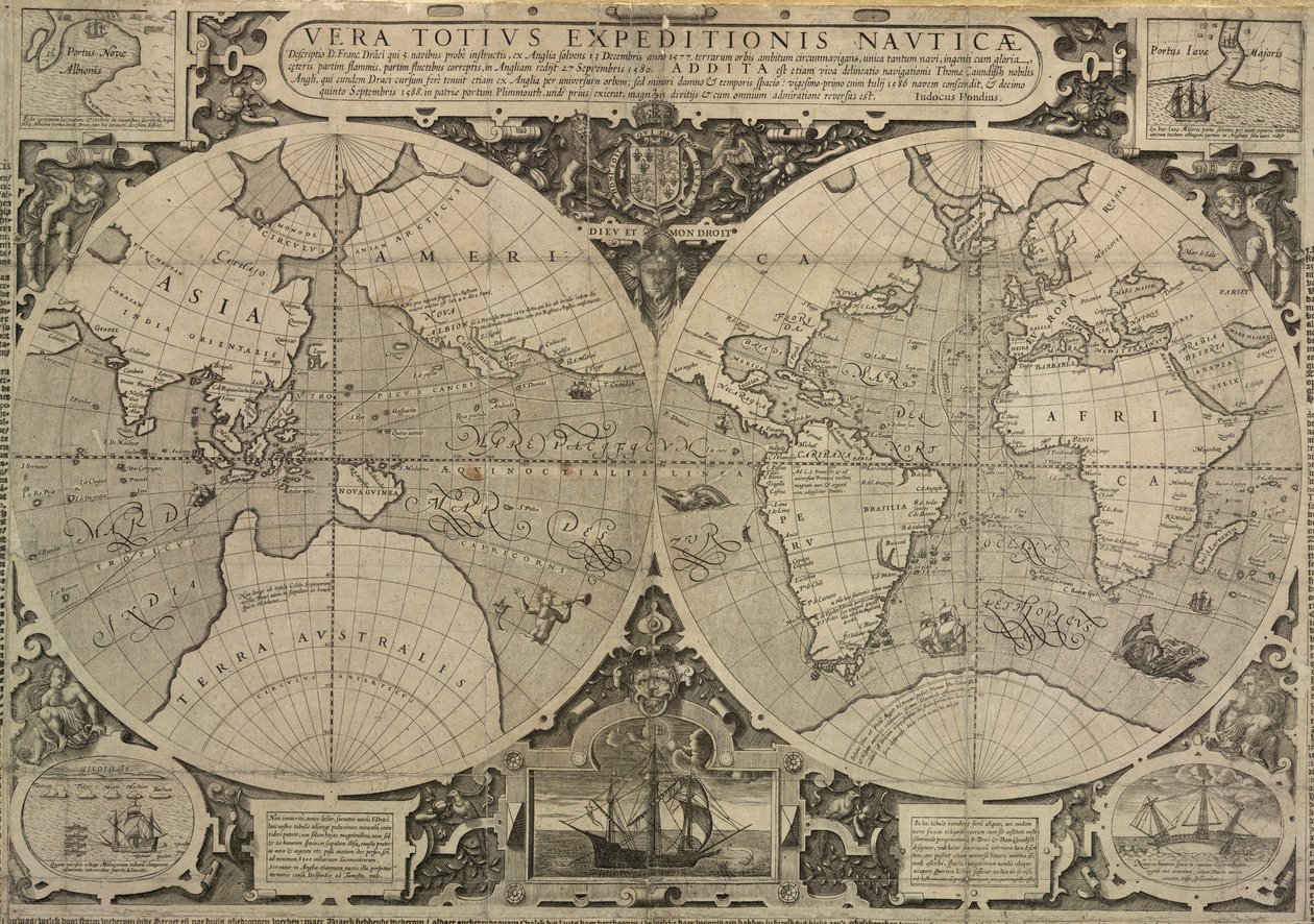 Drakes verdensrejse i 1577-80, en sand beretning om hele den nautiske ekspedition af Jodocus Hondius