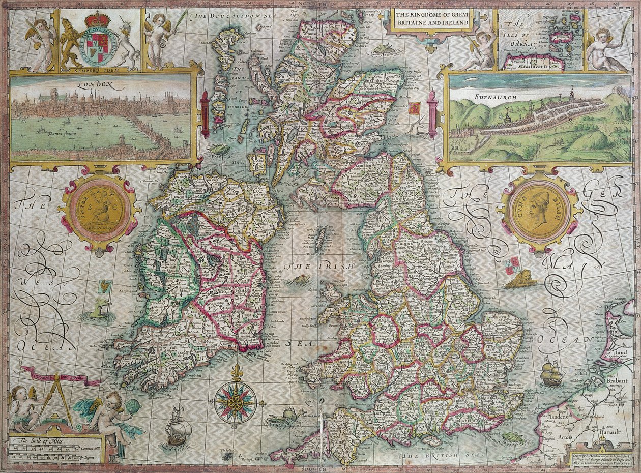 Kort over Kongeriget Storbritannien og Irland, 1610 (håndfarvet gravering) af Jodocus Hondius