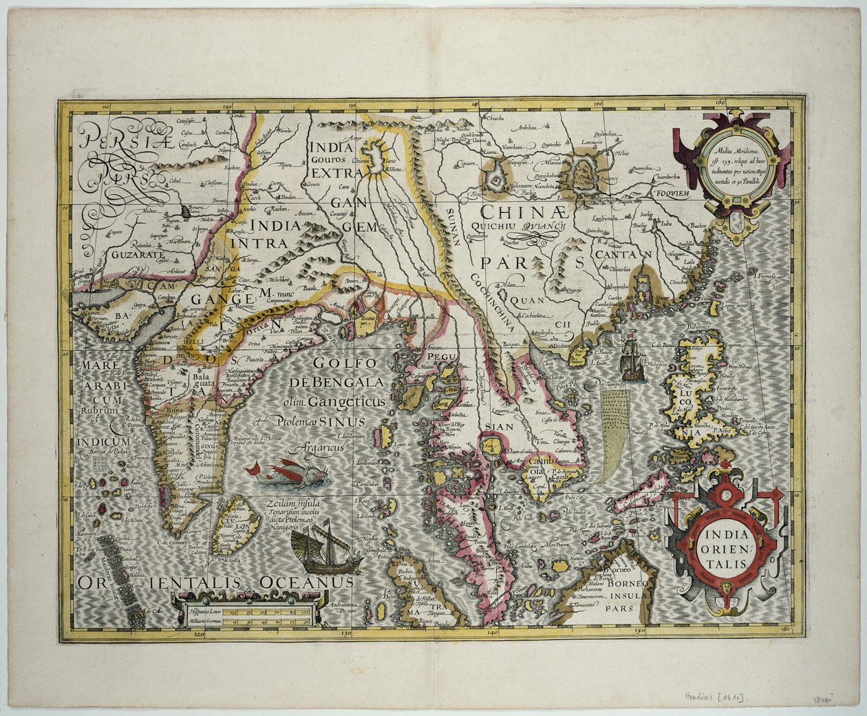 Det indiske subkontinent til Filippinerne via de nordlige dele af den indonesiske øgruppe og den malaysiske halvø, tidligt i det 17. århundrede (farvegravering) af Jodocus Hondius