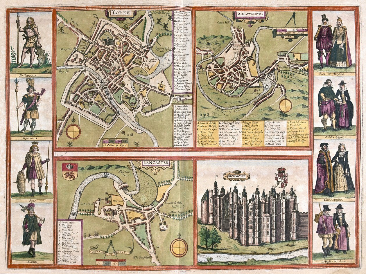 York, Shrewsbury, Lancaster og castle of Richmond, England af Jodocus Hondius
