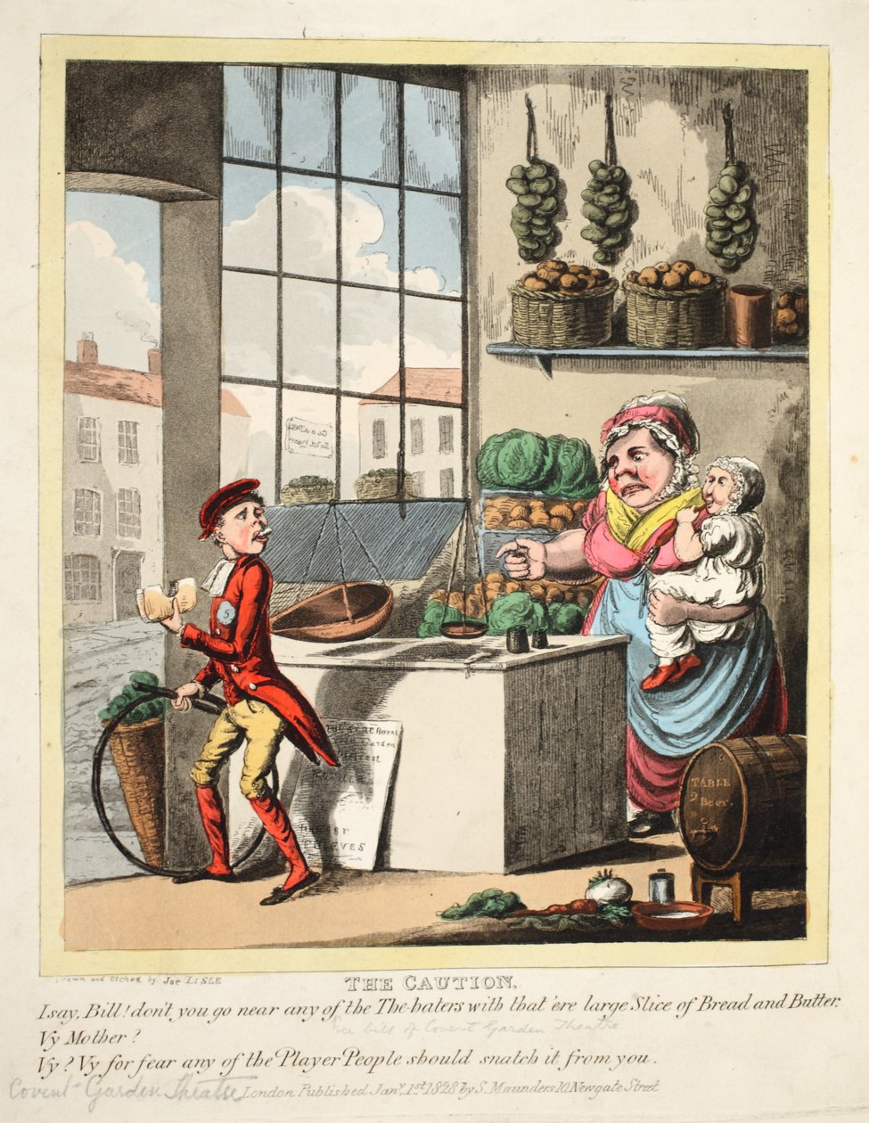 The Caution, Covent Garden Theatre, pub. 1828 (håndkoloreret engrening) af Joe Lisle