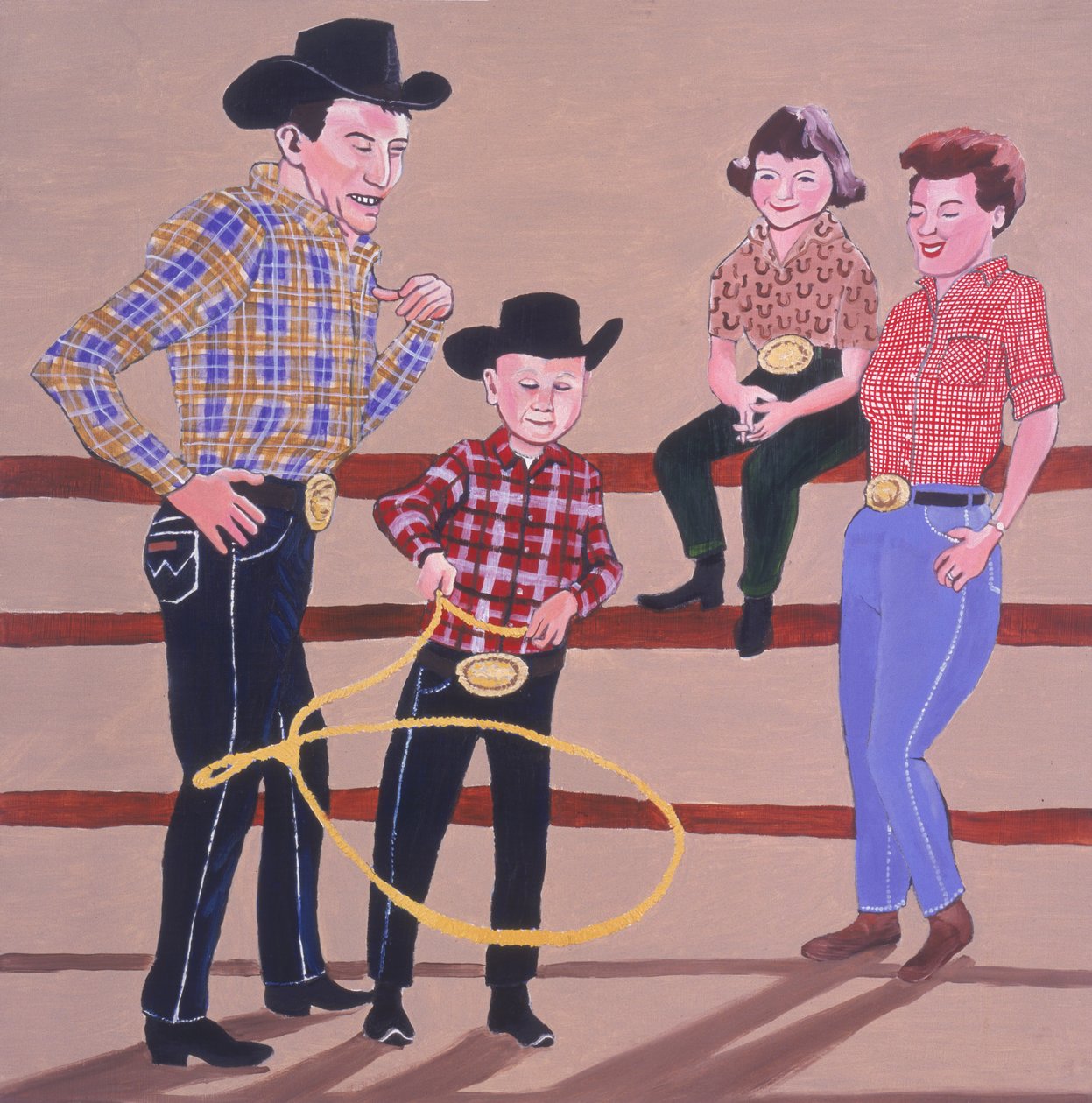 Cowboy Family, 2001 (olie og akryl på panel) af Joe Heaps Nelson