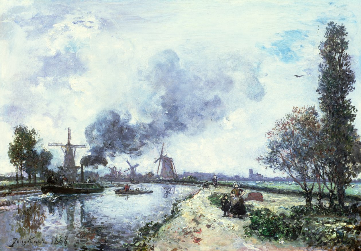 Hollandsk landskab med vindmøller, 1868 af Johan Barthold Jongkind