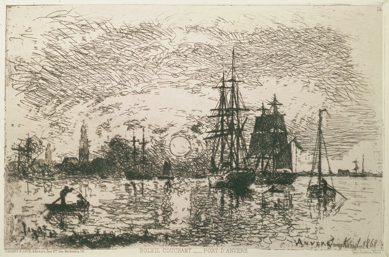 Solnedgang, Antwerpens havn, 1868 af Johan Barthold Jongkind