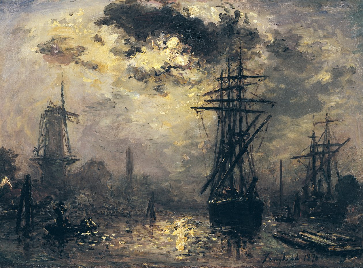 Udsigt over havnen eller vindmøllerne i Rotterdam, 1870 af Johan Barthold Jongkind