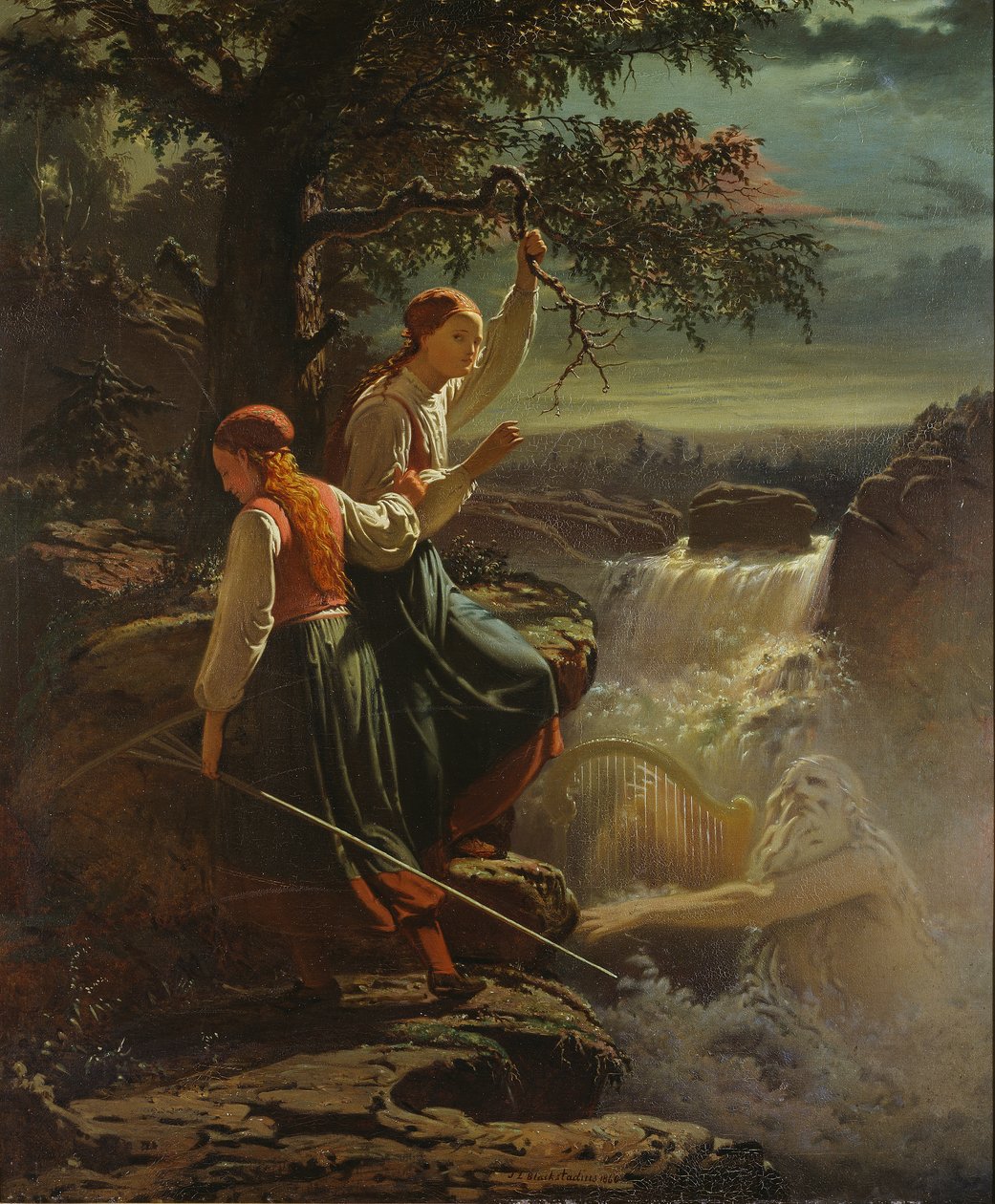 To bondepiger lytter til vandspringets spil, 1860 af Johan Blackstadius