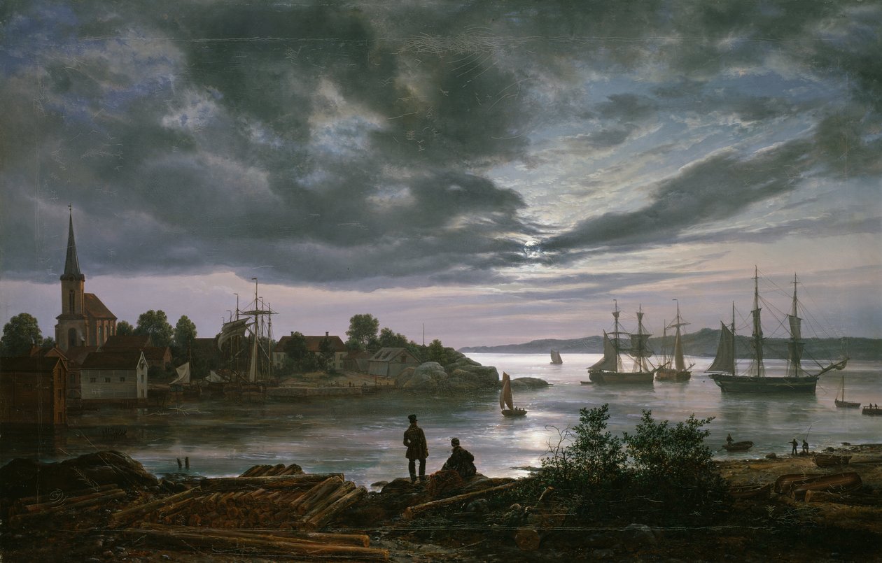 Larvik ved Moonlight af Johan Christian Dahl
