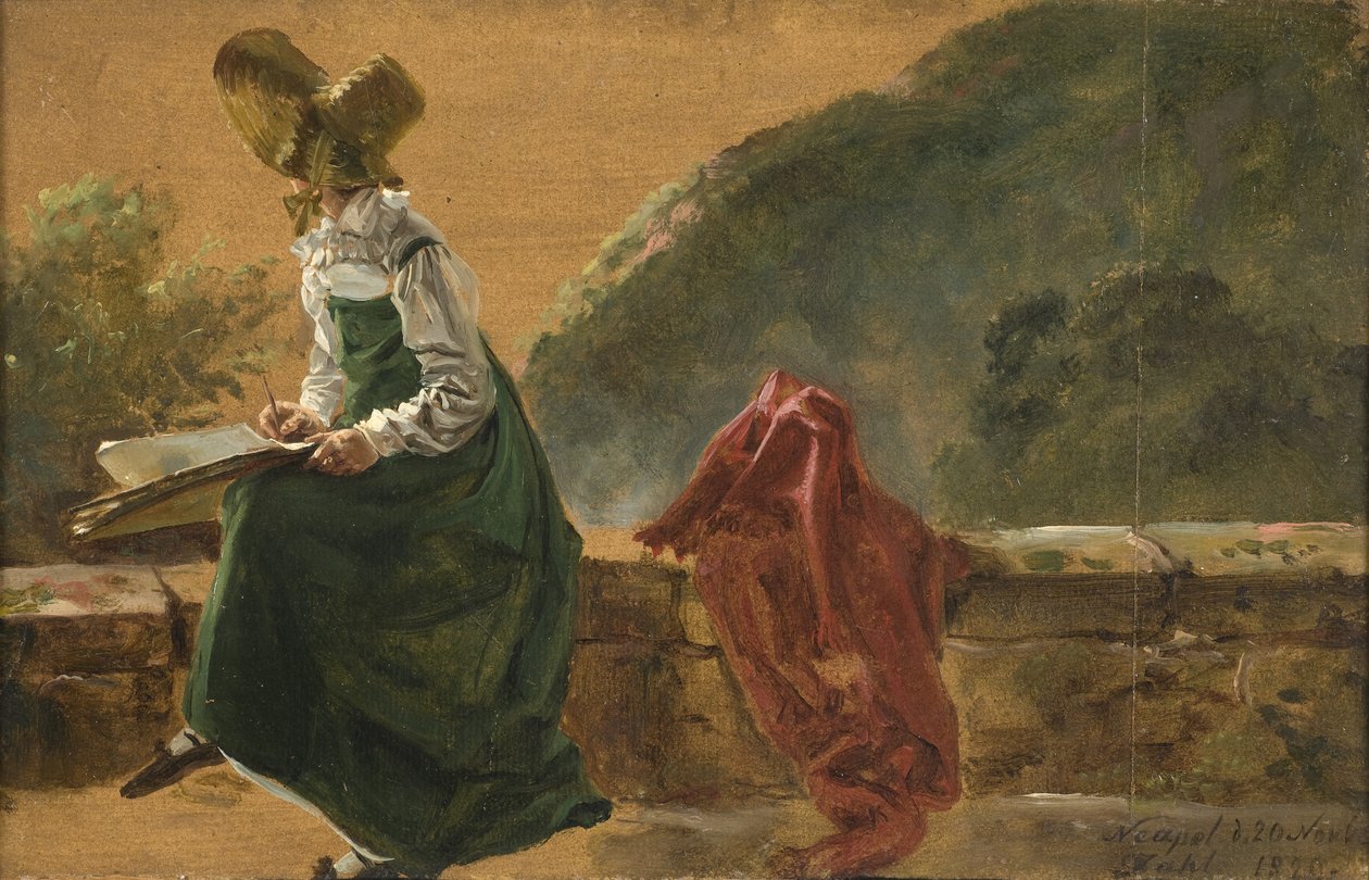 Prinsesse Caroline Amalie skitserer i Napoli. Studie, 1820 (olie på papir monteret om bord) af Johan Christian Dahl