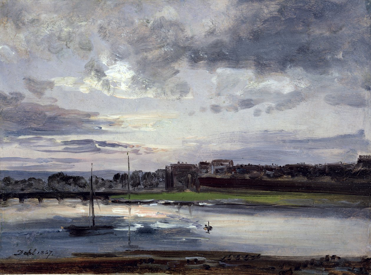 Elben og den nye by, Dresden, i aftenlyset, 1837 (olie på papir) af Johan Christian Dahl